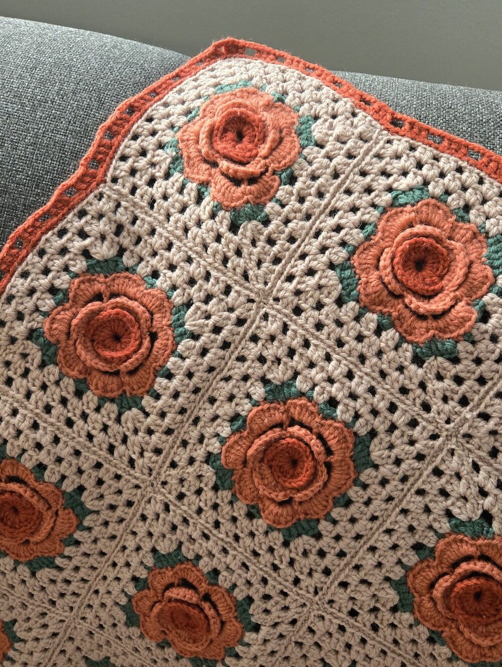 Vintage Throws, 2 Handmade Crochet Peach 3D Roses Couch Covers Granny Cottage